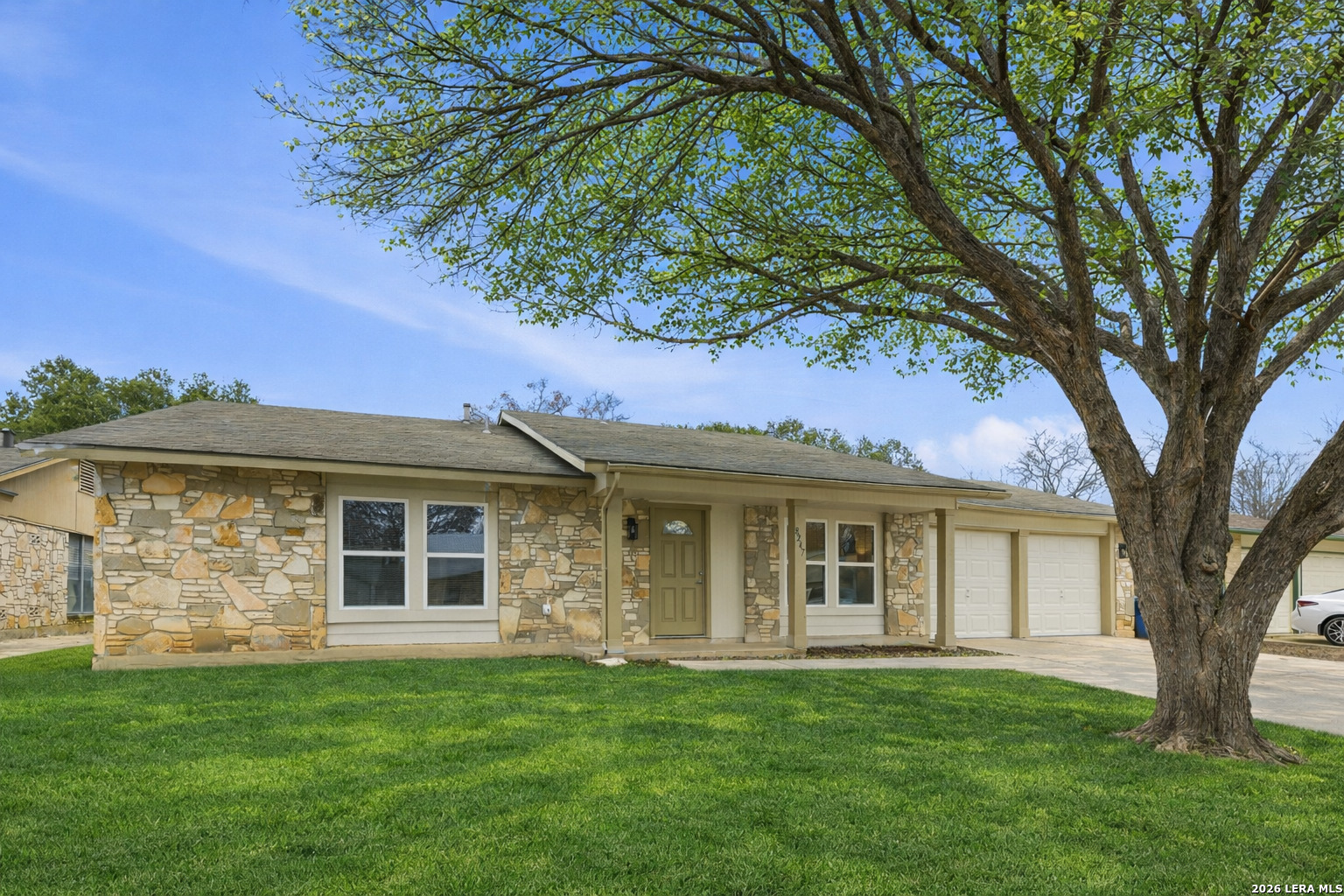 Front view of 8247 Lewiston St with mature spring oak tree and vibrant green lawn